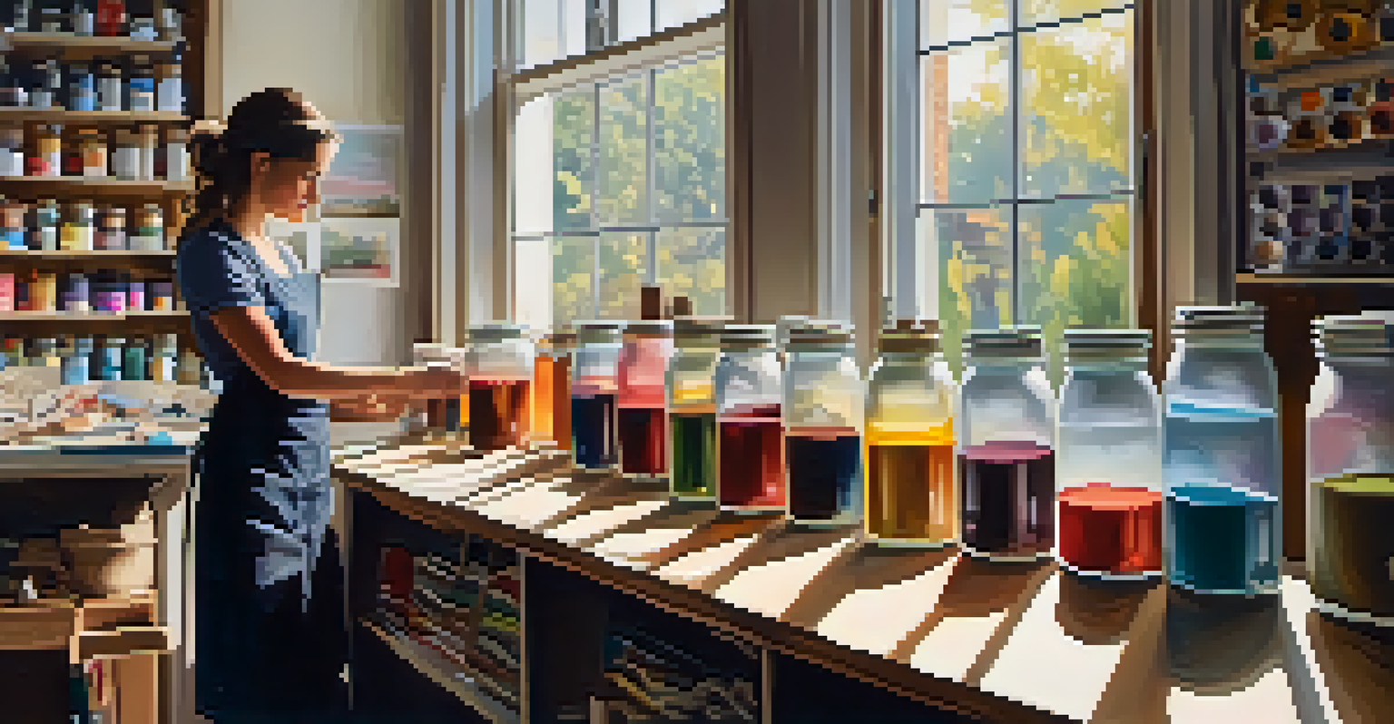 An artist's studio with a canvas in progress, surrounded by jars of synthetic pigments and brushes, illuminated by warm light.