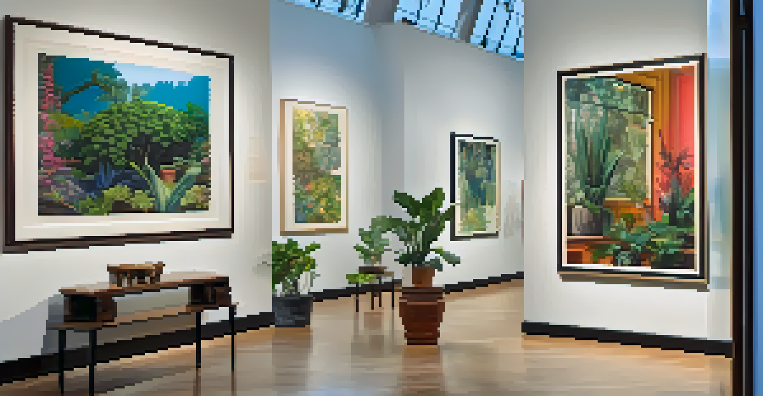 A home gallery with framed artworks behind UV-filtering glass, illuminated by soft light with houseplants enhancing the space.