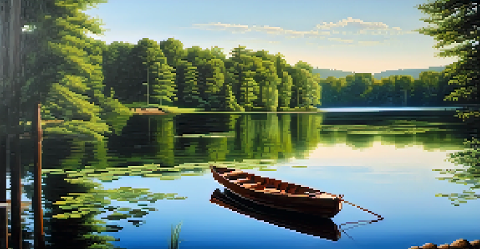 A peaceful landscape with a calm lake, green trees, and a small boat under a blue sky.