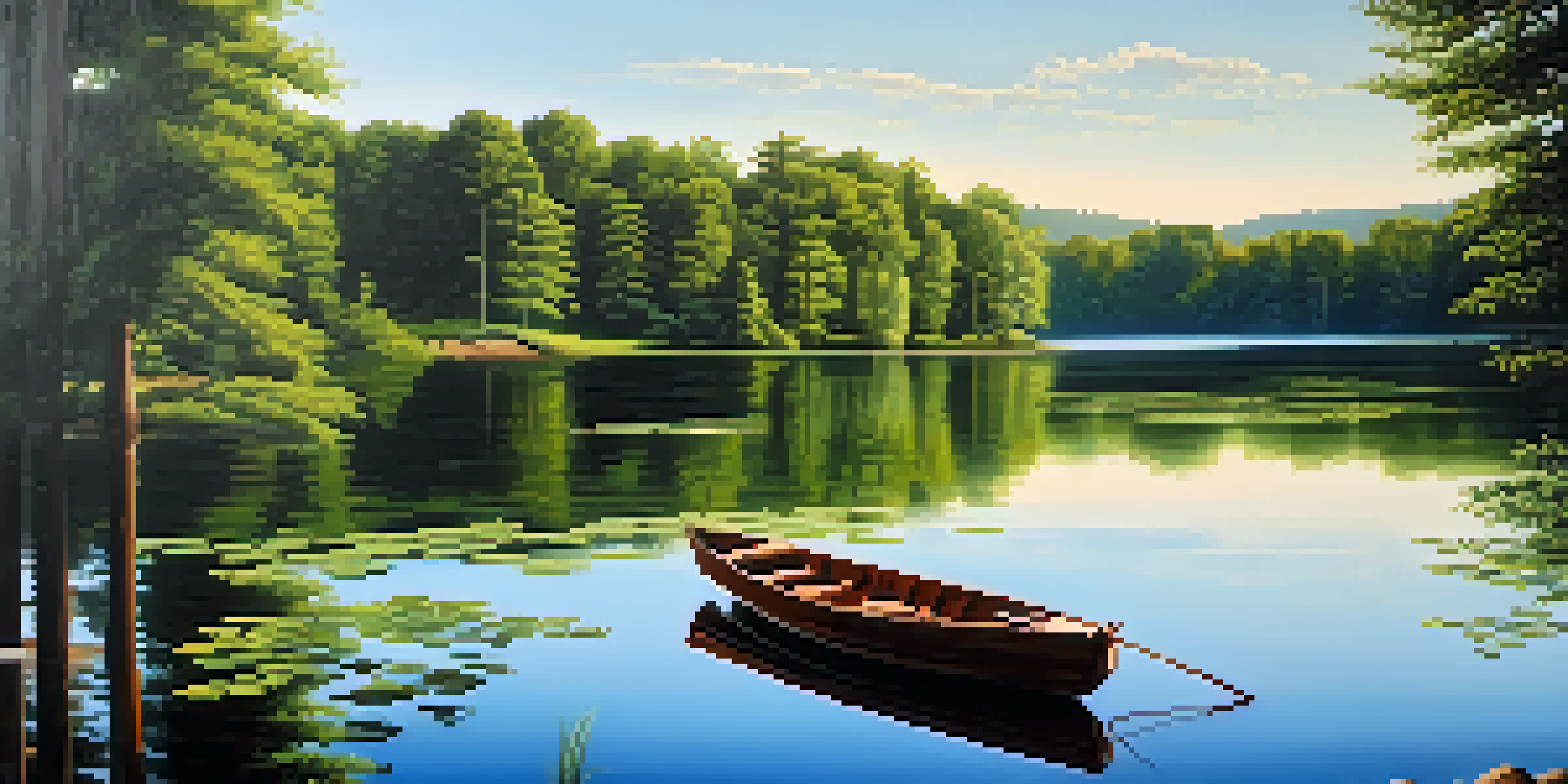 A peaceful landscape with a calm lake, green trees, and a small boat under a blue sky.
