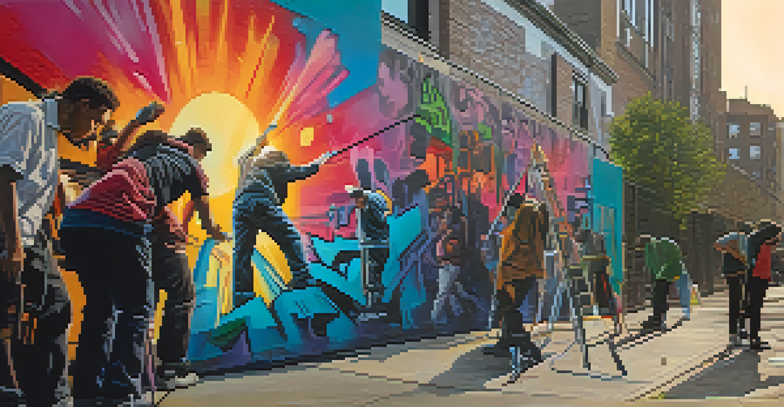 An urban scene with a graffiti artist spray painting on a concrete wall, surrounded by a bustling city and a warm sunset.