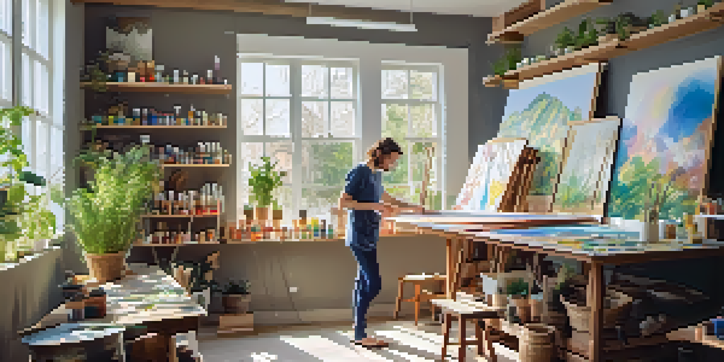 An artist in a bright studio creating eco-friendly artwork, surrounded by natural pigments and plant-based paints.