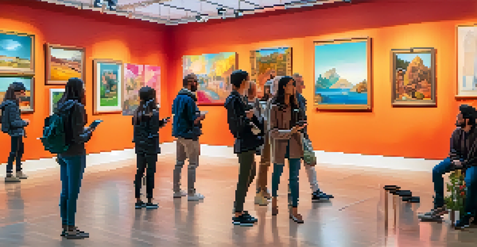 An art gallery with visitors engaging with augmented reality displays, colorful artworks on the walls, and soft lighting.