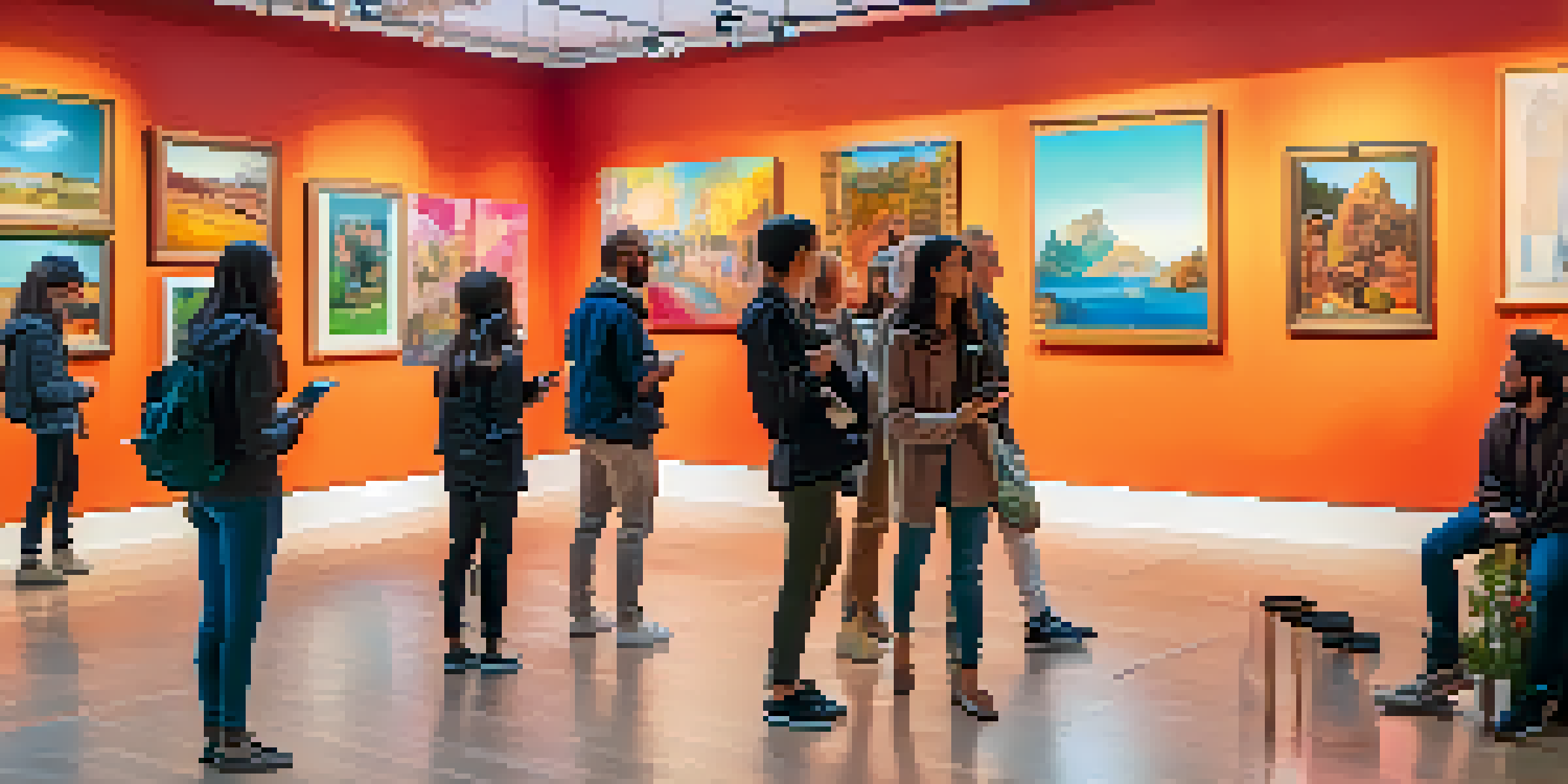 An art gallery with visitors engaging with augmented reality displays, colorful artworks on the walls, and soft lighting.