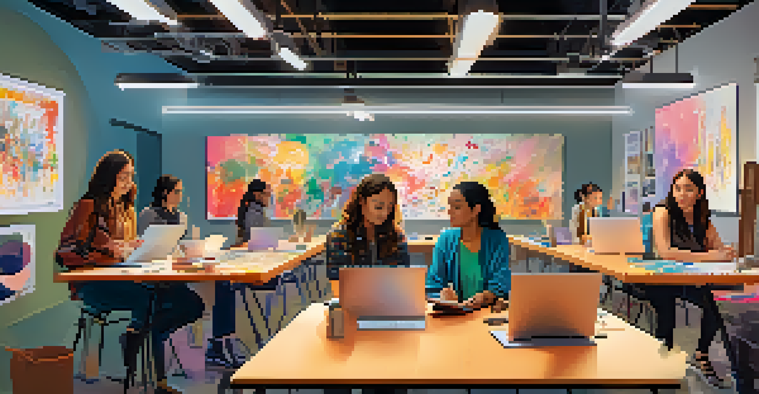 A group of women artists collaborating in a bright workspace, surrounded by sketches, palettes, and digital devices, showcasing a lively brainstorming session.