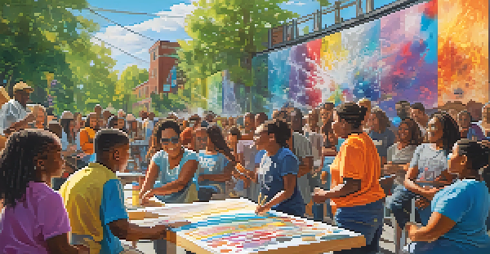 A colorful mural showing a community art workshop with diverse participants creating art together under sunlight.