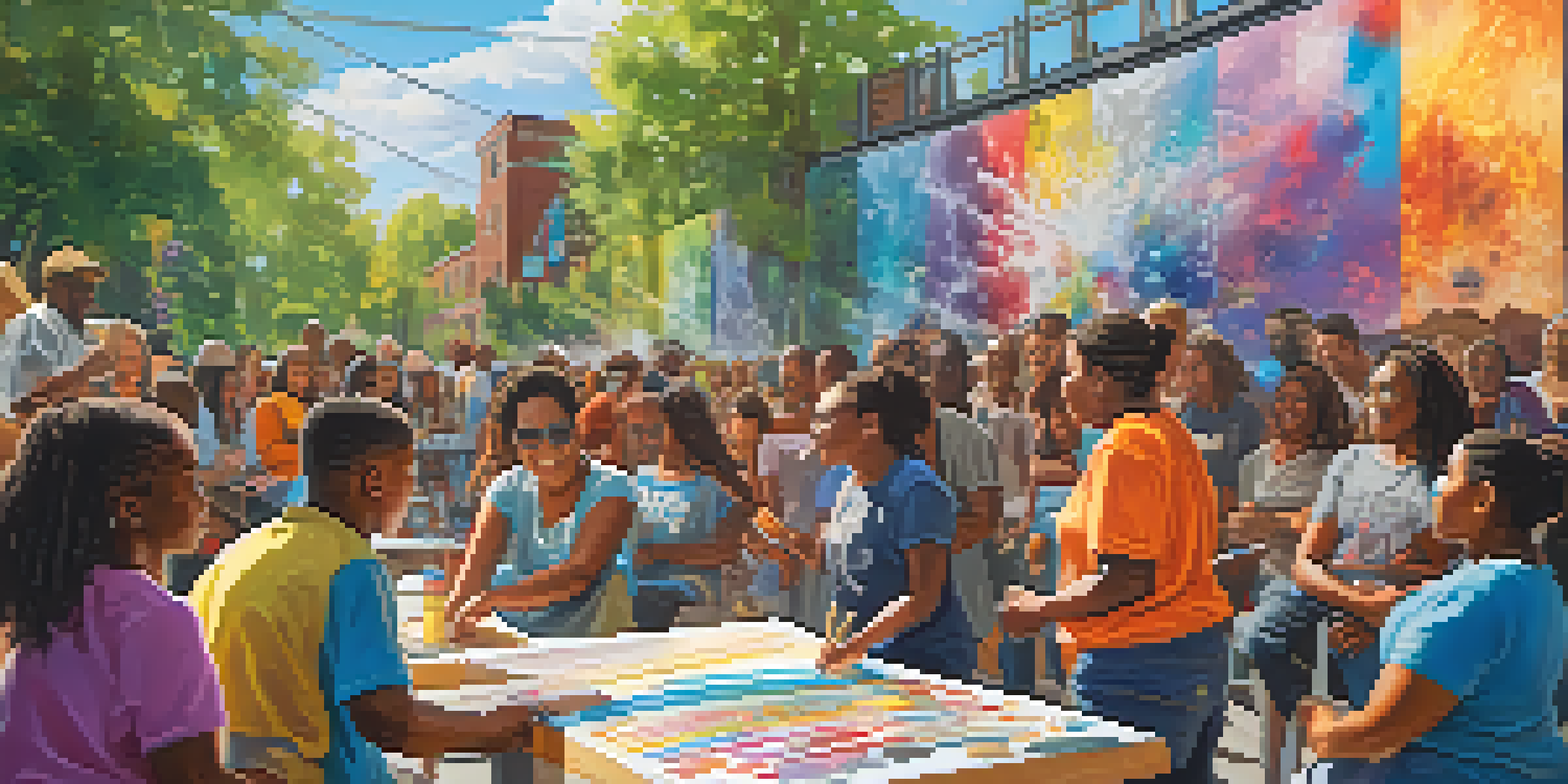A colorful mural showing a community art workshop with diverse participants creating art together under sunlight.