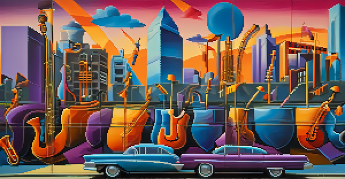 A colorful street art mural featuring musical instruments and abstract shapes, with a sunset cityscape in the background.