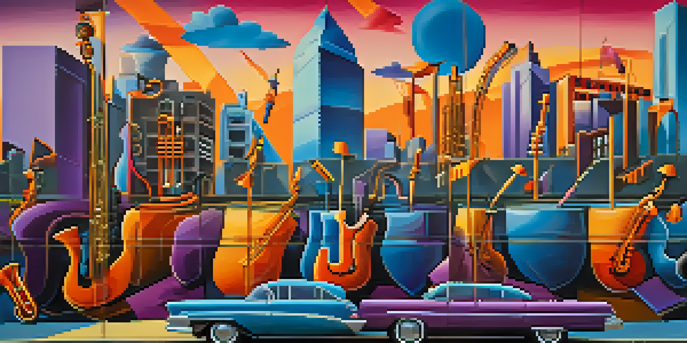 A colorful street art mural featuring musical instruments and abstract shapes, with a sunset cityscape in the background.
