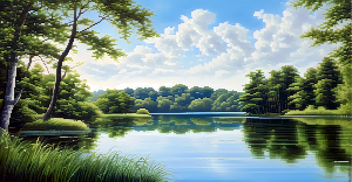 A tranquil landscape showing a blue sky reflected on a calm lake, surrounded by green trees and gentle sunlight.