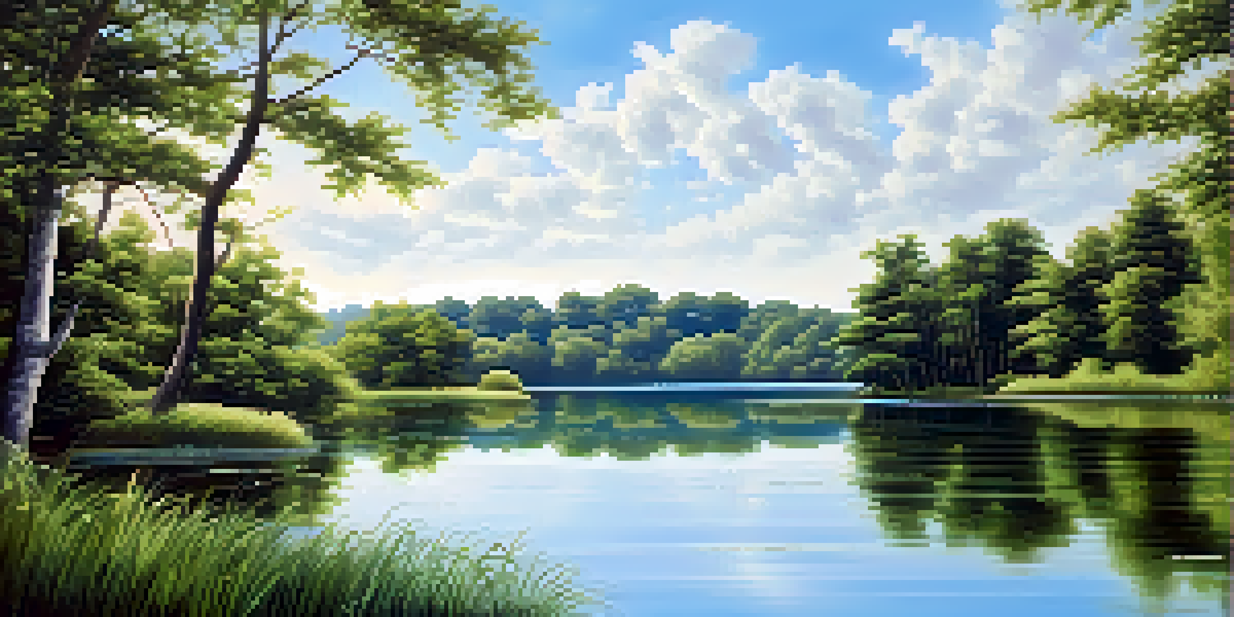 A tranquil landscape showing a blue sky reflected on a calm lake, surrounded by green trees and gentle sunlight.