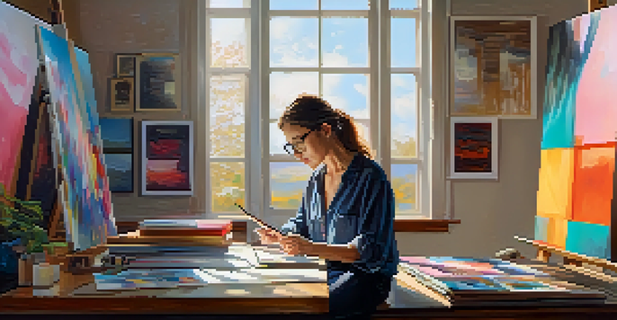 An artist in a sunlit studio working on a digital tablet, surrounded by colorful artworks.