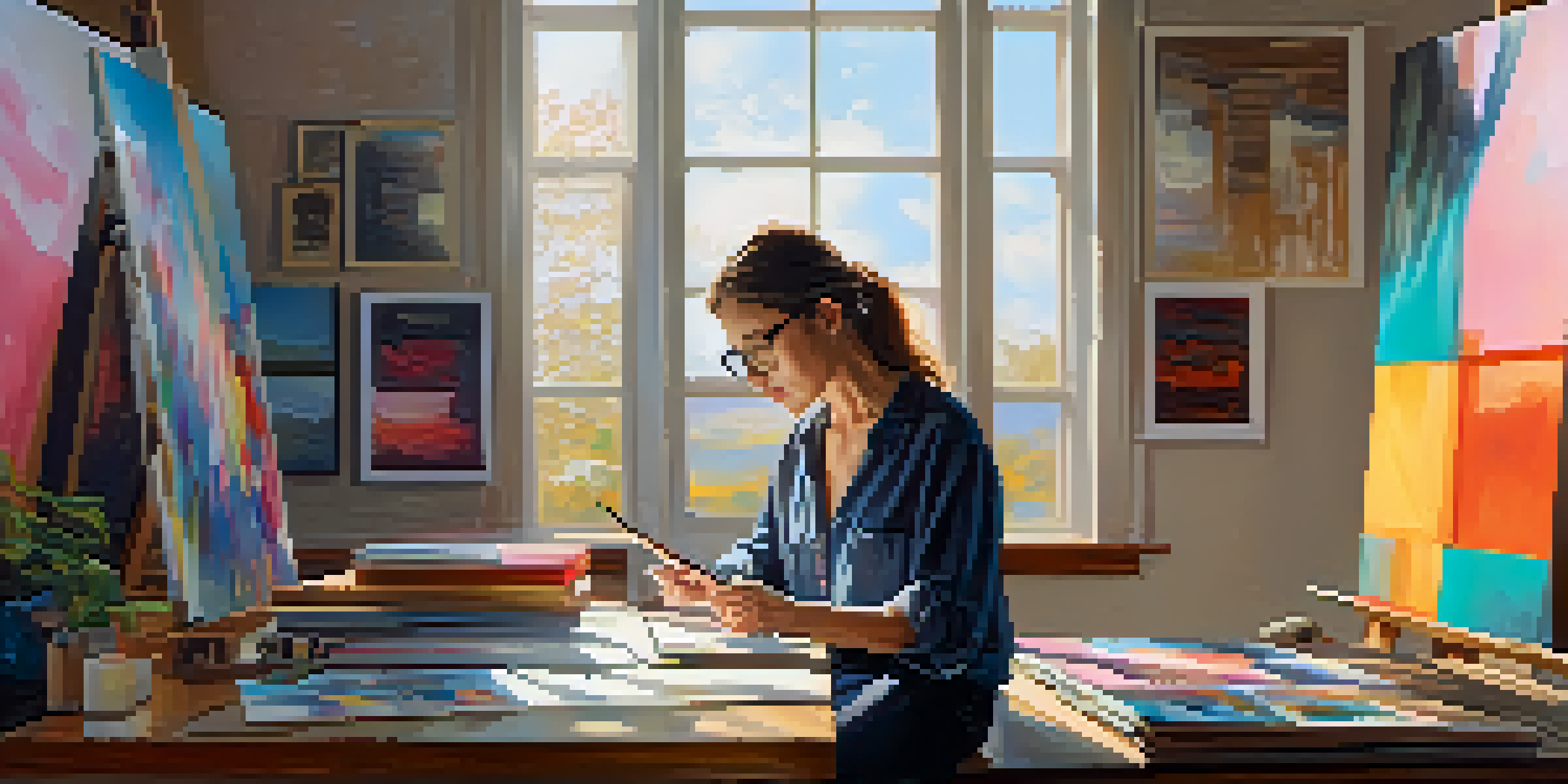 An artist in a sunlit studio working on a digital tablet, surrounded by colorful artworks.