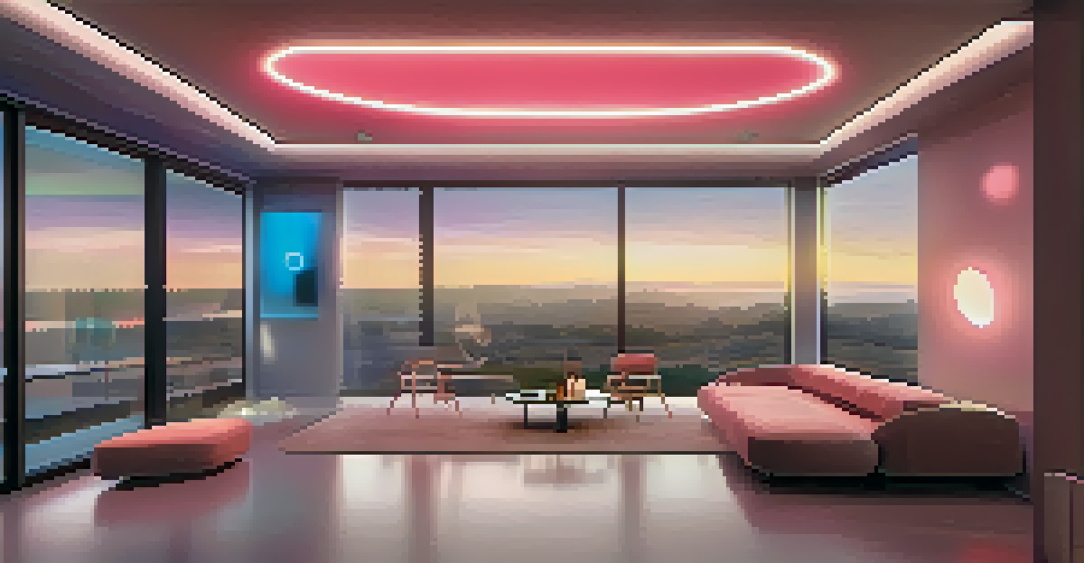 A modern interior with color-changing smart paint on the walls, illuminated by ambient lighting and natural light.