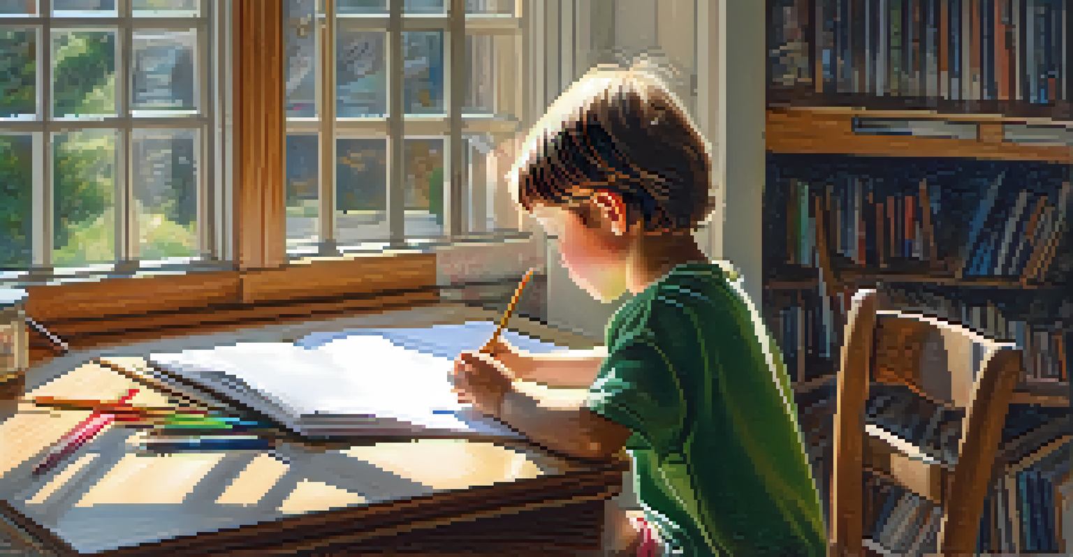 A child concentrating on drawing in an art journal at a small table, with soft natural light.