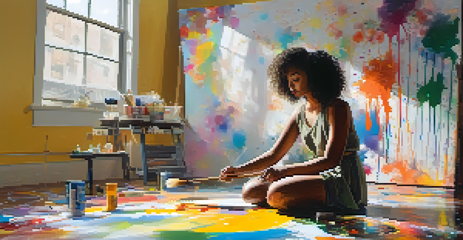 An artist in a studio painting a canvas with bright colors, surrounded by paint splatters and tools, with warm light streaming in.