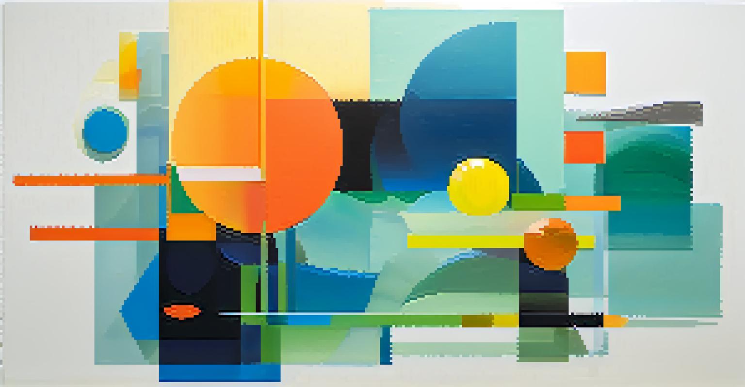An abstract painting with geometric shapes in bright colors on a gradient blue-green background.
