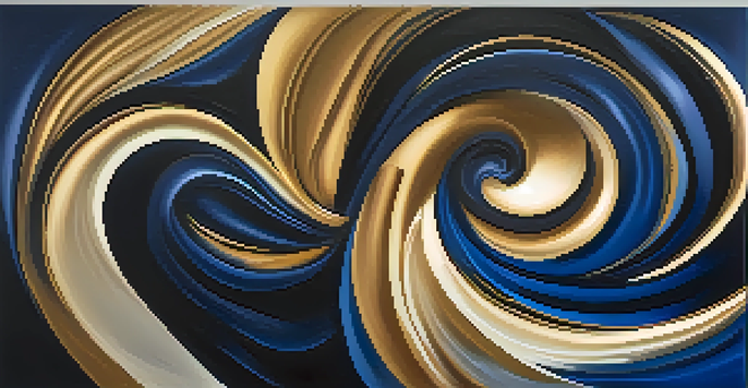 An abstract painting with swirling blue and gold colors, evoking a sense of calm and reflection, illuminated softly from the top left.