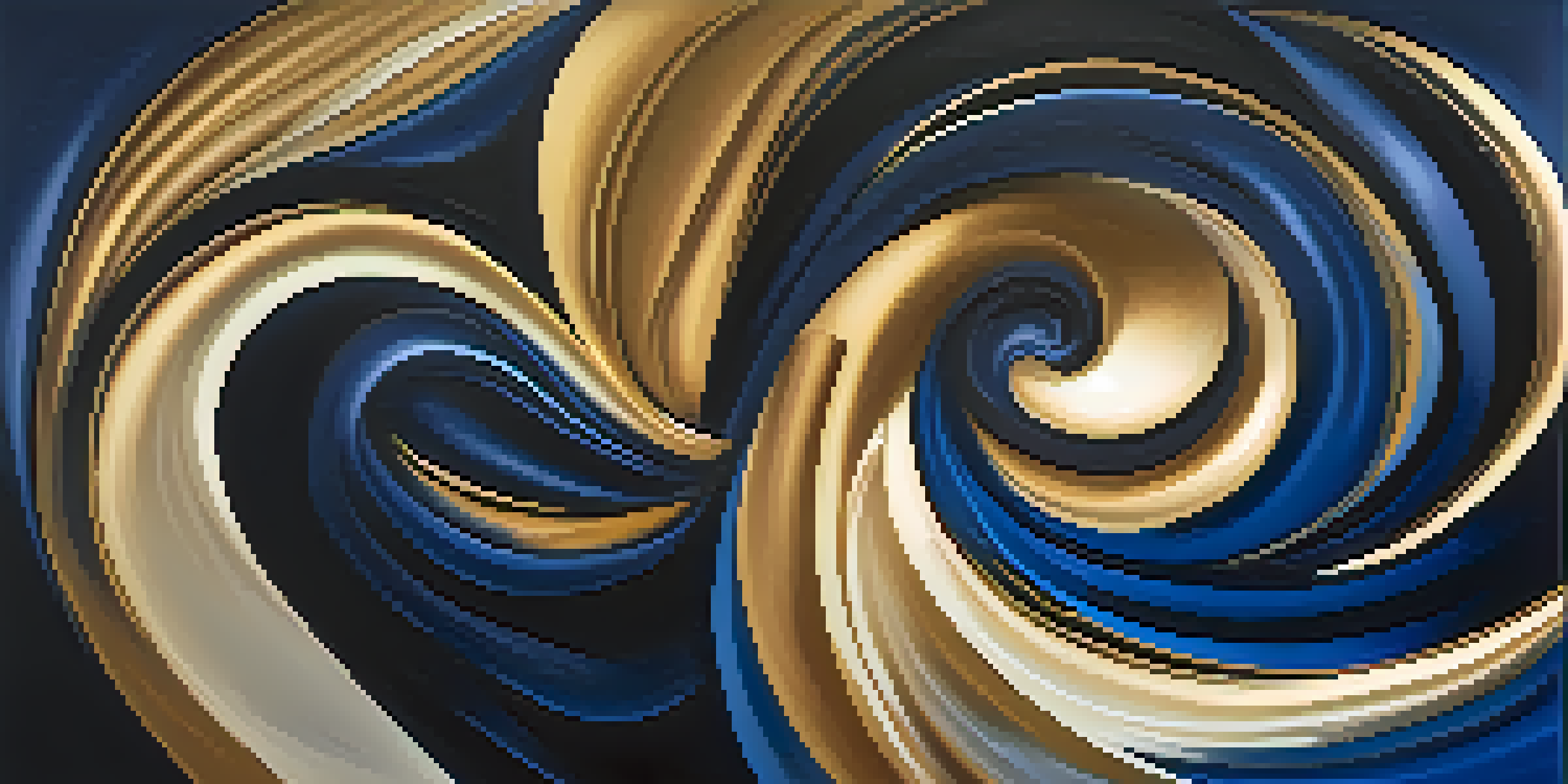 An abstract painting with swirling blue and gold colors, evoking a sense of calm and reflection, illuminated softly from the top left.