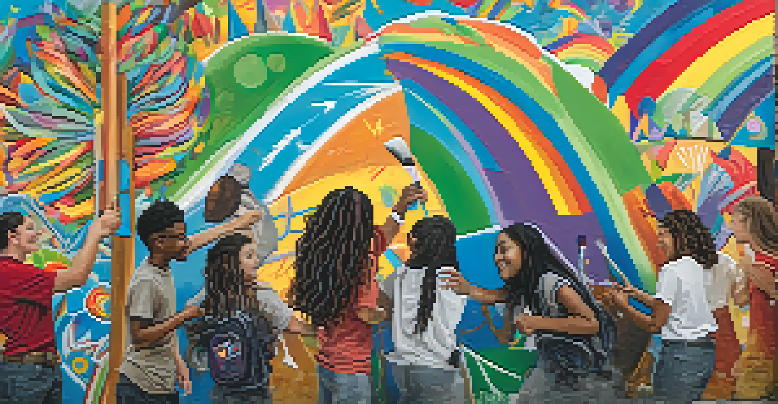 Diverse teens working together on a colorful mural, showcasing themes of unity and creativity.