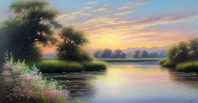 A tranquil river landscape at sunset with pastel colors and blooming flowers, reflecting a peaceful atmosphere.