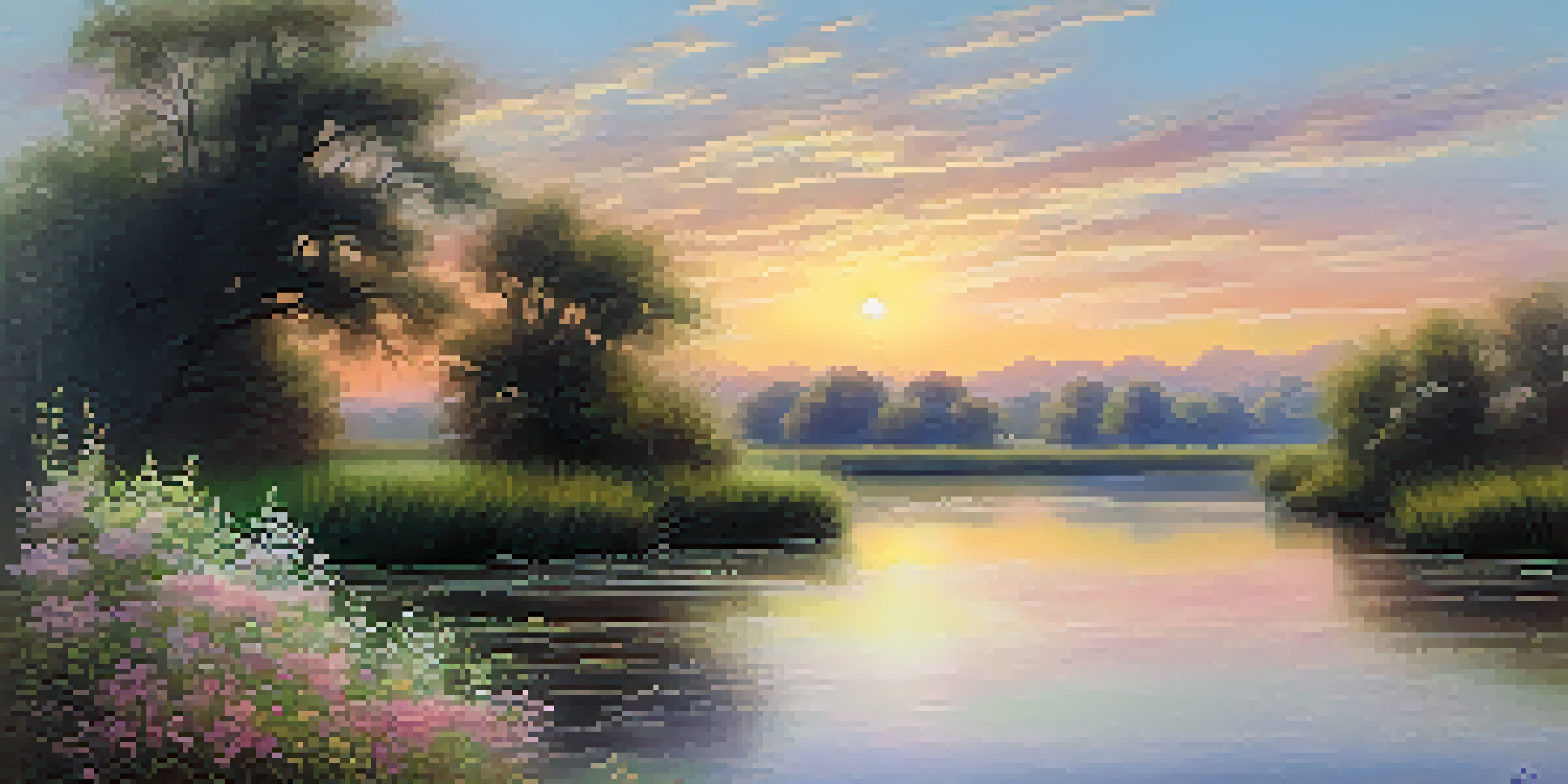 A tranquil river landscape at sunset with pastel colors and blooming flowers, reflecting a peaceful atmosphere.