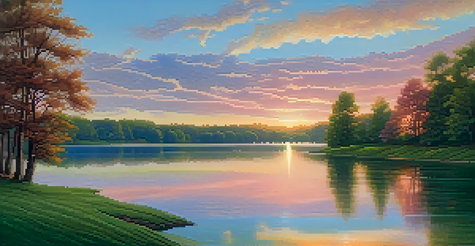 A tranquil lake landscape with lush green trees and rolling hills under a colorful sunset.
