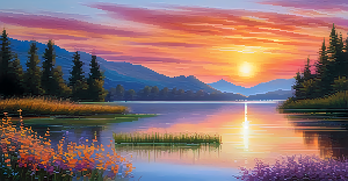 A vibrant sunset over a tranquil lake, with wildflowers in the foreground and reflections on the water.