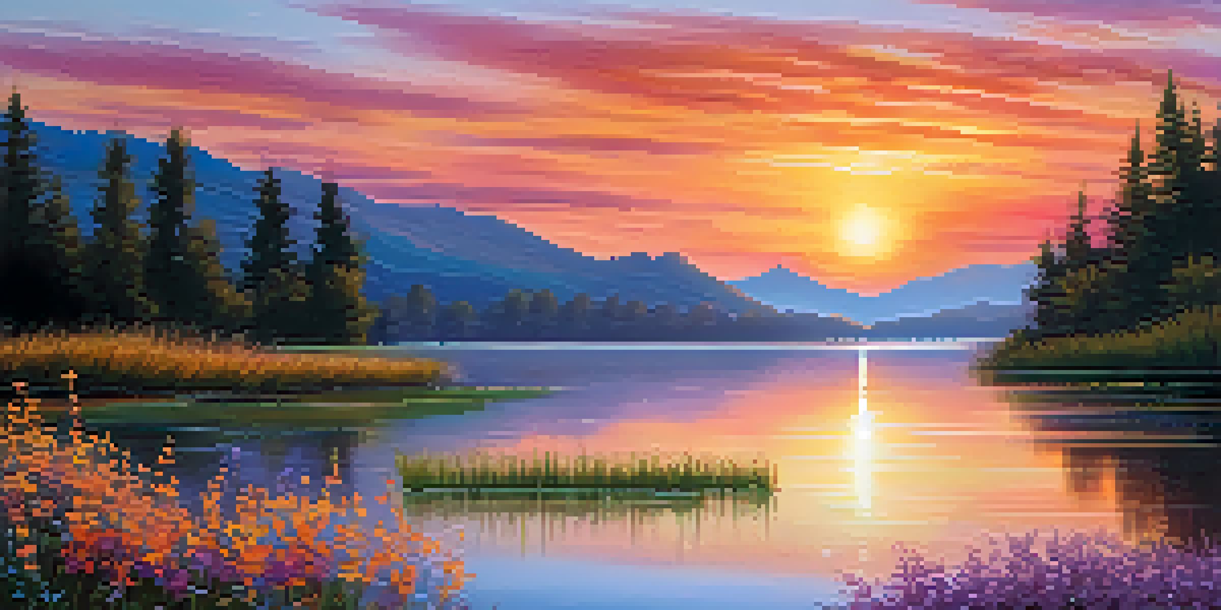 A vibrant sunset over a tranquil lake, with wildflowers in the foreground and reflections on the water.