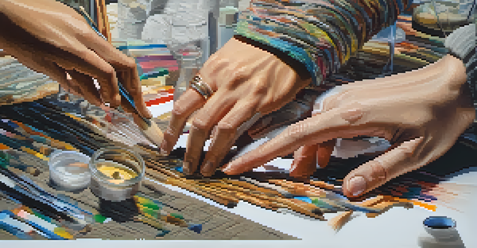 Close-up of male and female artists' hands working together on a mixed-media art project, highlighting textures and collaboration.