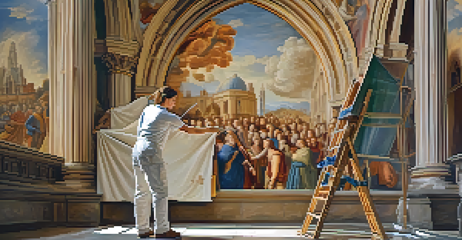 A Renaissance artist painting a large fresco on a cathedral wall, surrounded by scaffolding and warm interior light.