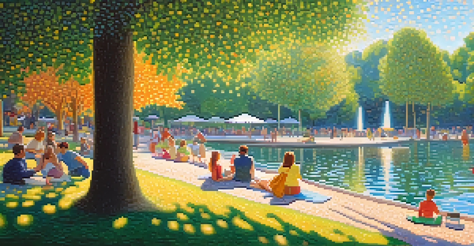 A bustling park scene filled with people enjoying a sunny day, created using pointillism technique, with vibrant colors and a sense of movement.