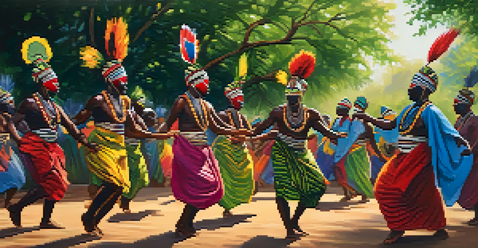 Dancers in colorful African masks performing in a traditional ceremony, surrounded by lush greenery and illuminated by sunlight.