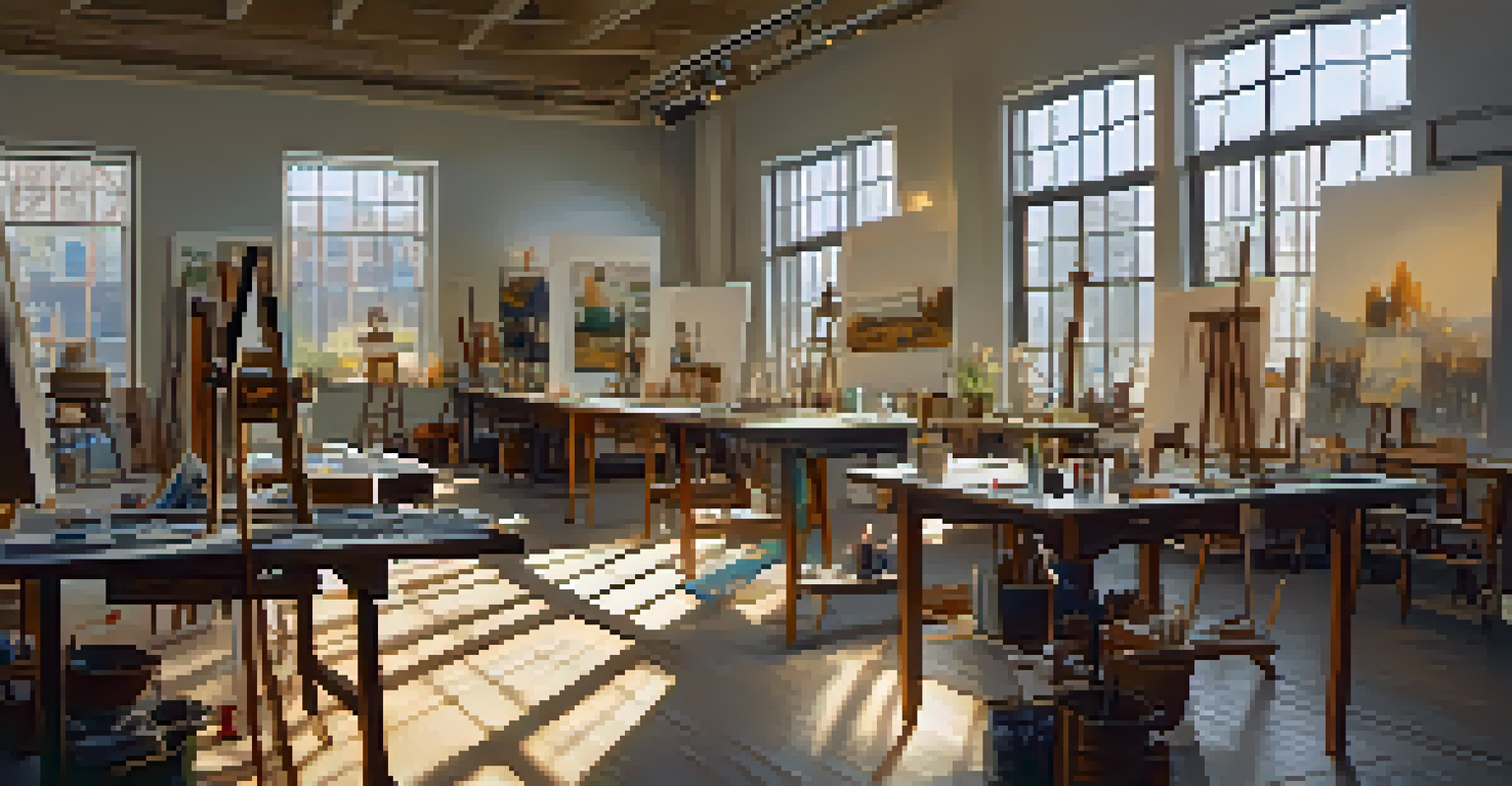 An art workshop where a mentor artist guides emerging artists, surrounded by easels and art supplies in a warmly lit room.