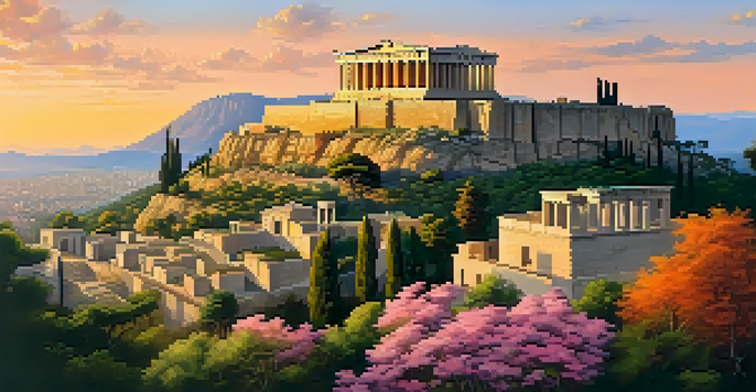 A sunset view of the Acropolis, with warm light on ancient ruins and colorful skies.