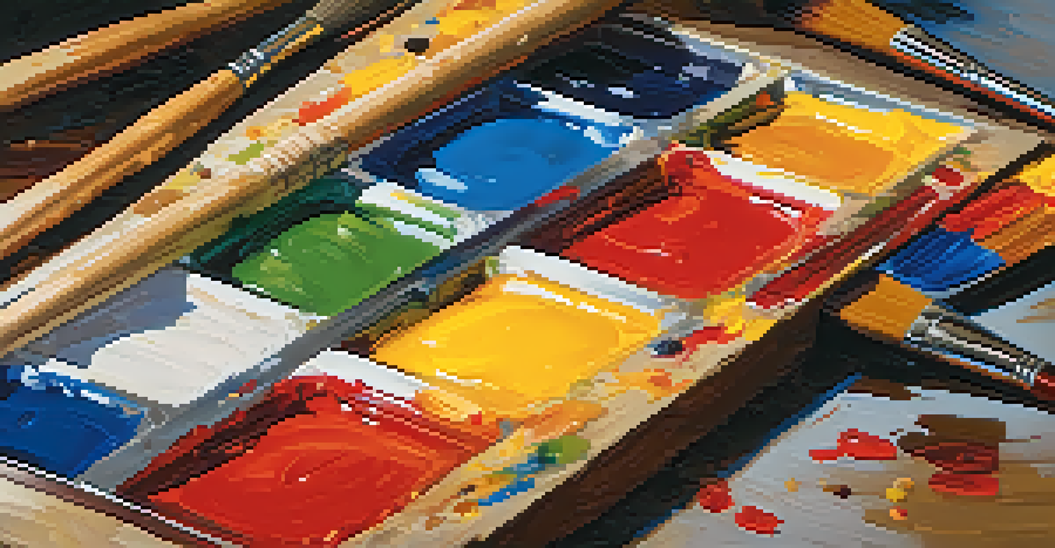 An artist's palette featuring primary colors, a palette knife, and a brush, illuminated by natural light.