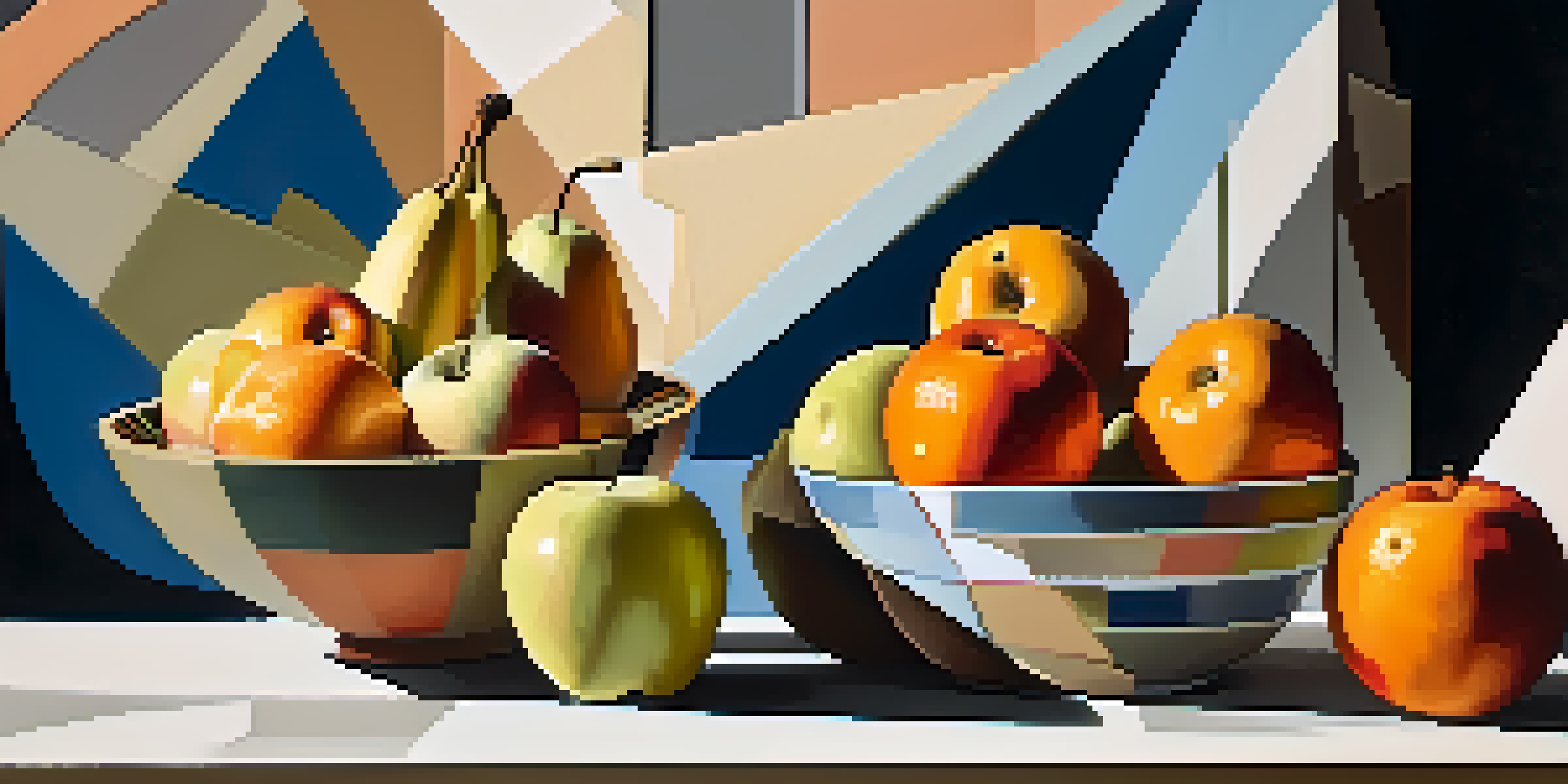 A cubist still life of a fruit bowl with geometric shapes representing fruits in muted and vivid colors against an abstract background.