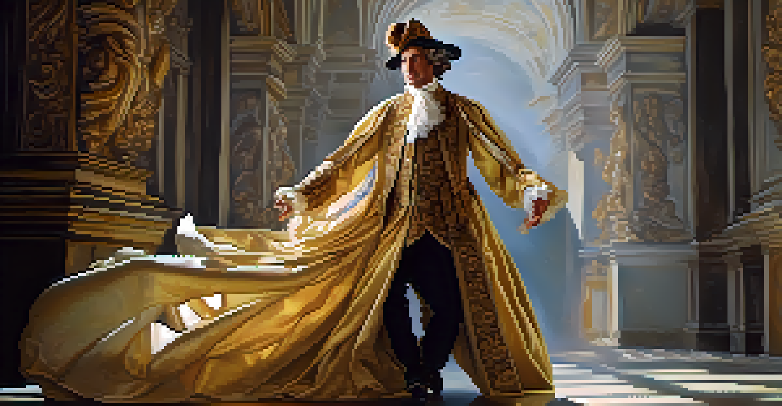 A Baroque portrait of a gentleman in motion, wearing an elaborate costume.