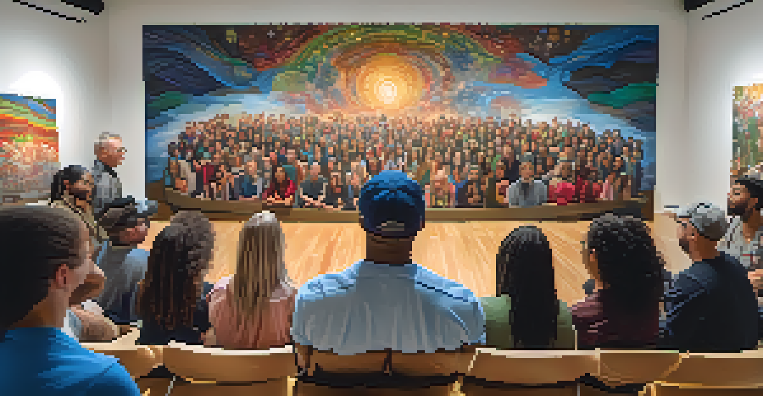 An artist speaking in front of a colorful mural about social justice, with an engaged audience in a gallery setting.