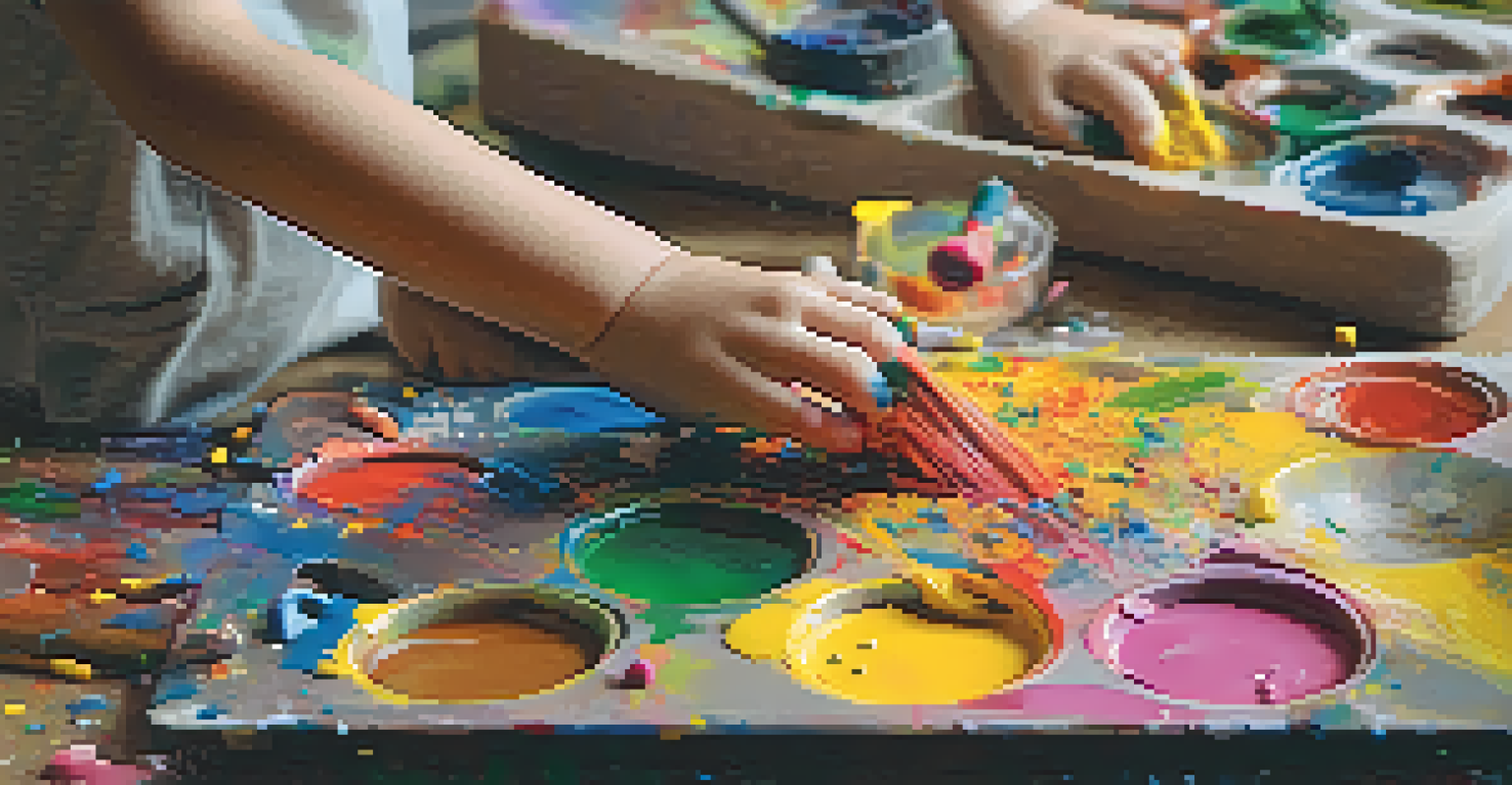 A child's hands mixing bright paints on a palette with an unfinished abstract painting in the background.