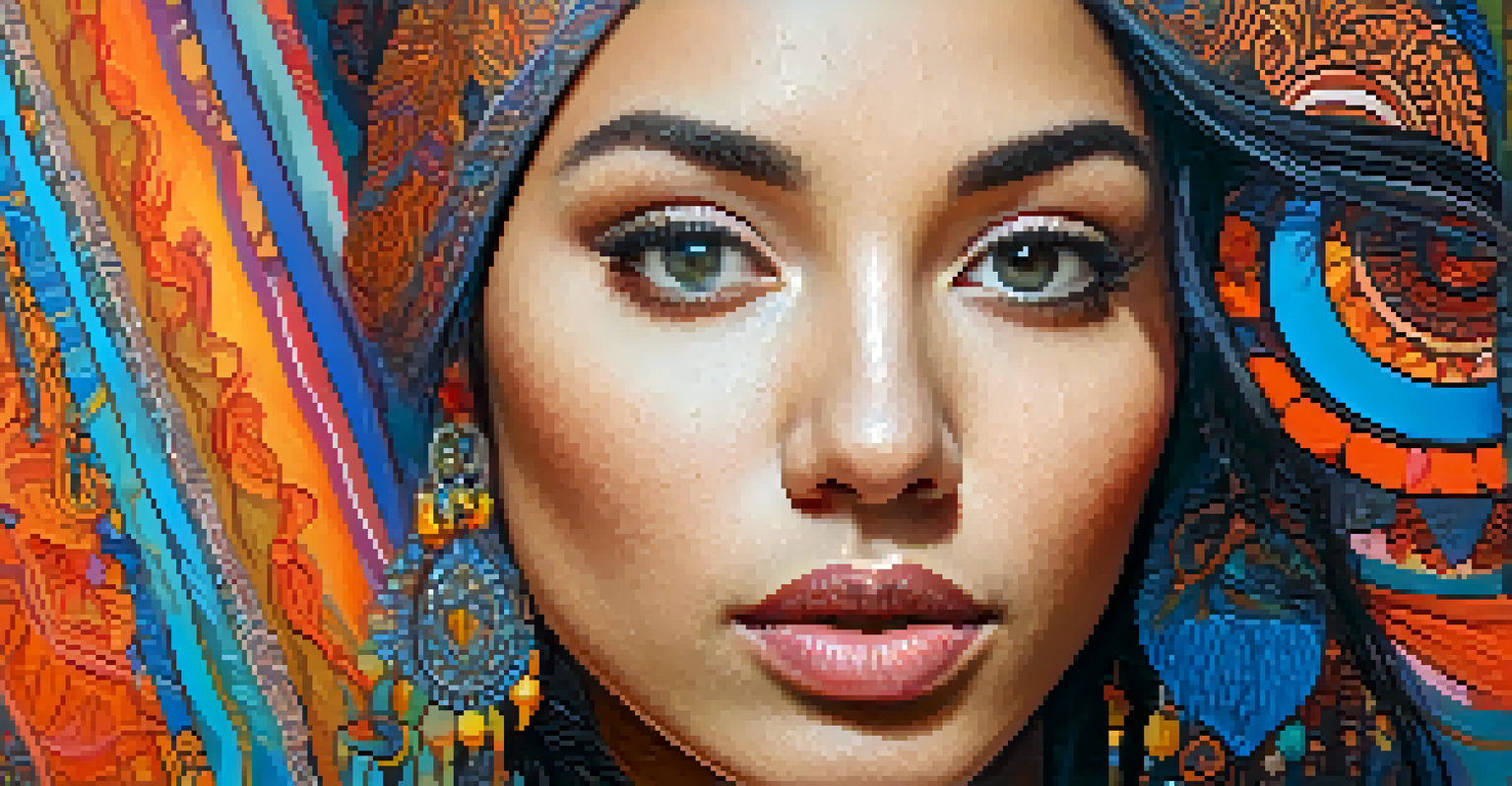 A colorful portrait of a young woman with intricate patterns on her face, set against a dynamic, colorful background.