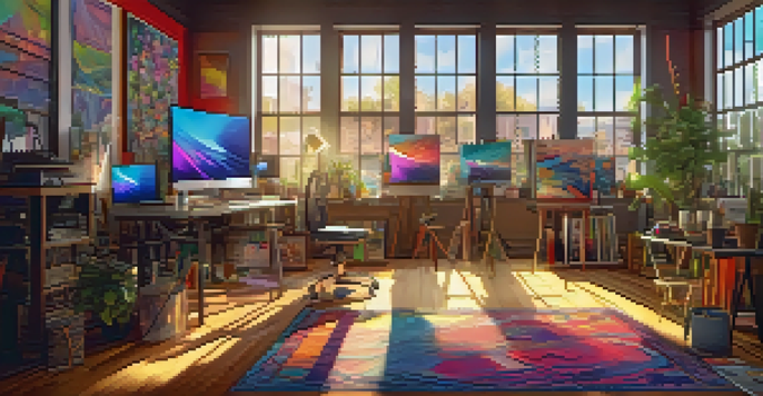 A bright digital art studio with art supplies, canvases, and a computer, illuminated by sunlight.