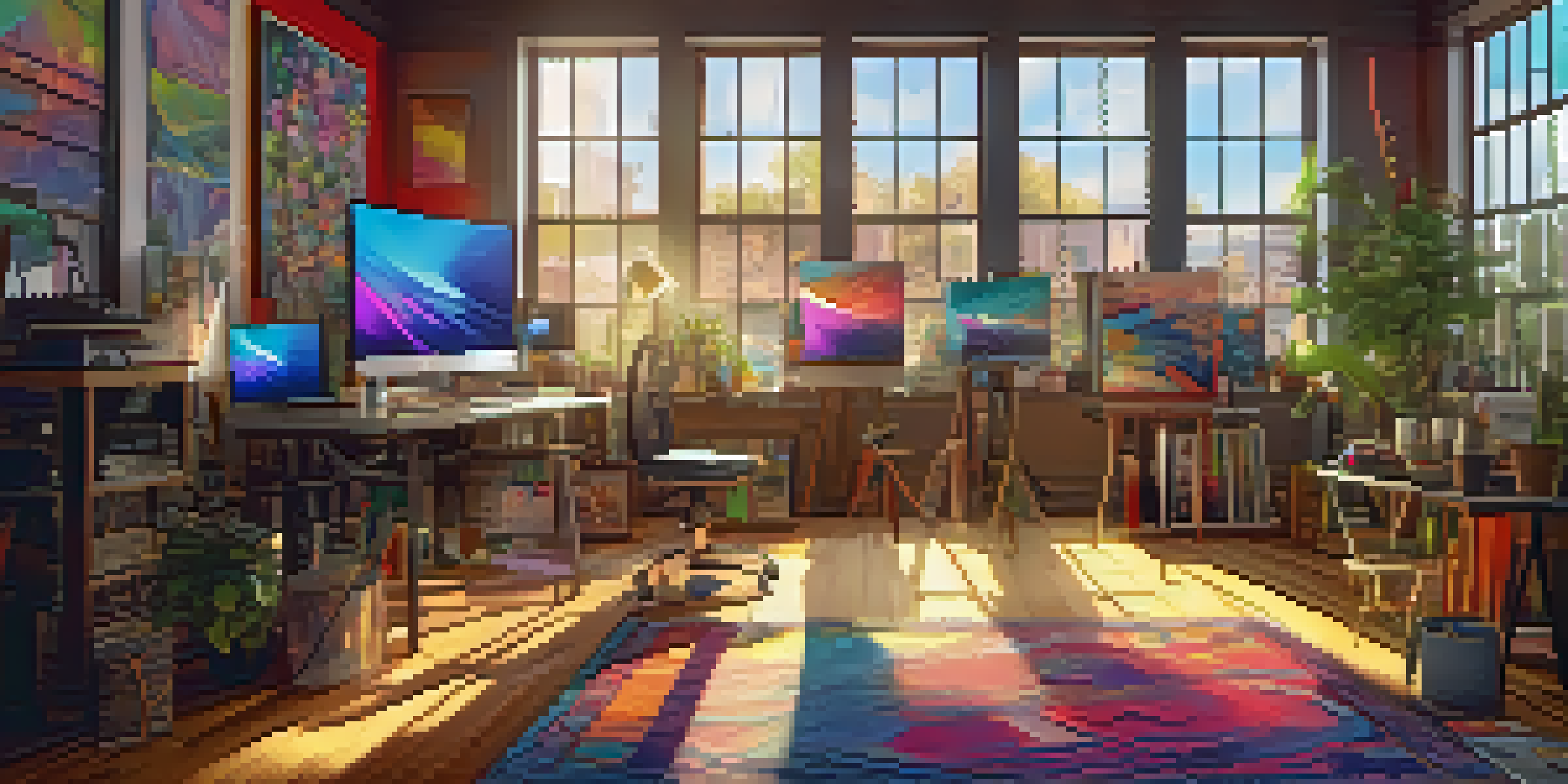 A bright digital art studio with art supplies, canvases, and a computer, illuminated by sunlight.