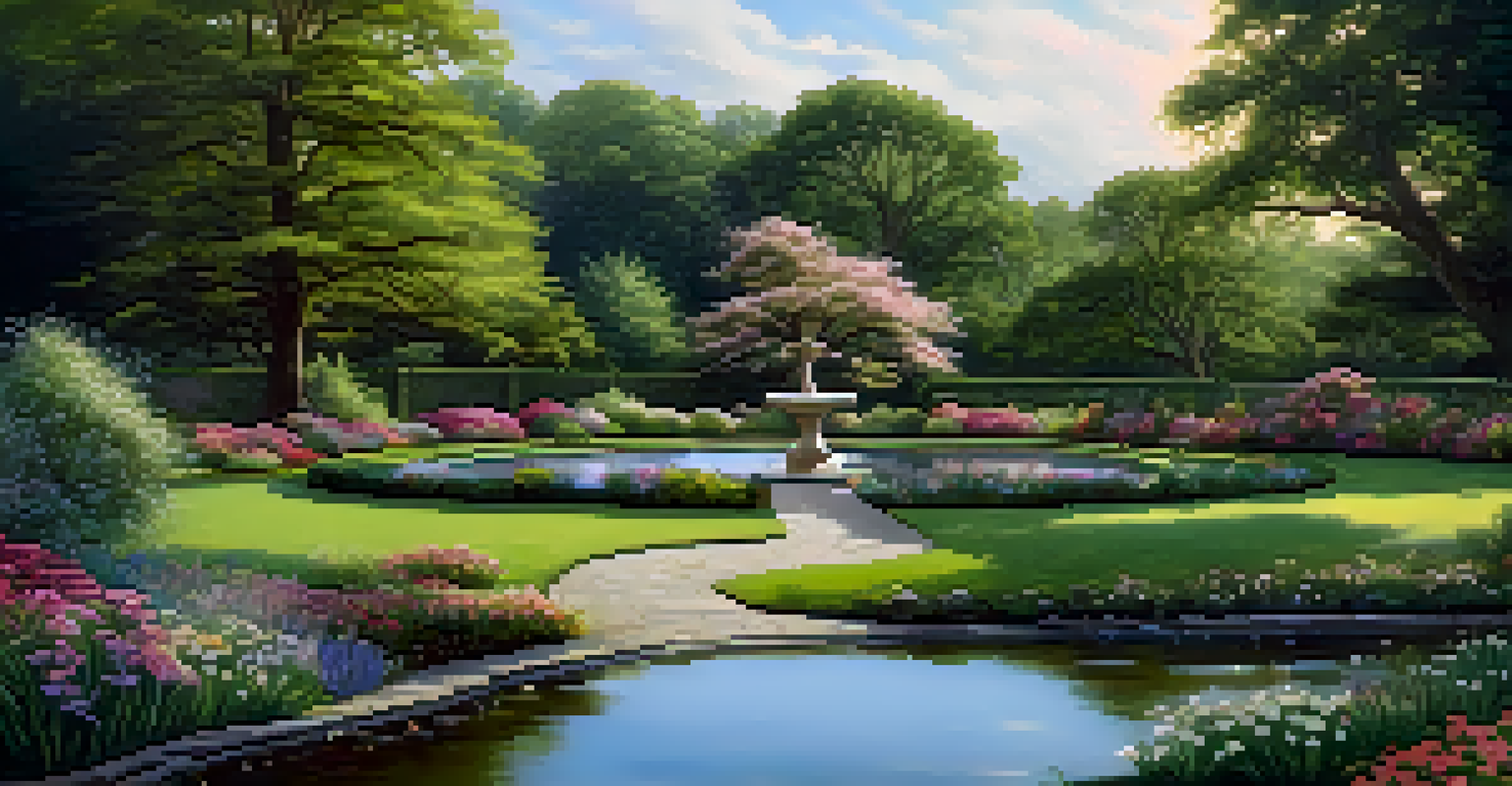 A peaceful garden inspired by Celtic art with winding paths, wildflowers, a pond, and a large oak tree, reflecting nature's beauty.