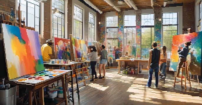 A lively art studio where diverse artists, including those with disabilities, collaborate on a colorful mural, with sunlight illuminating the space.