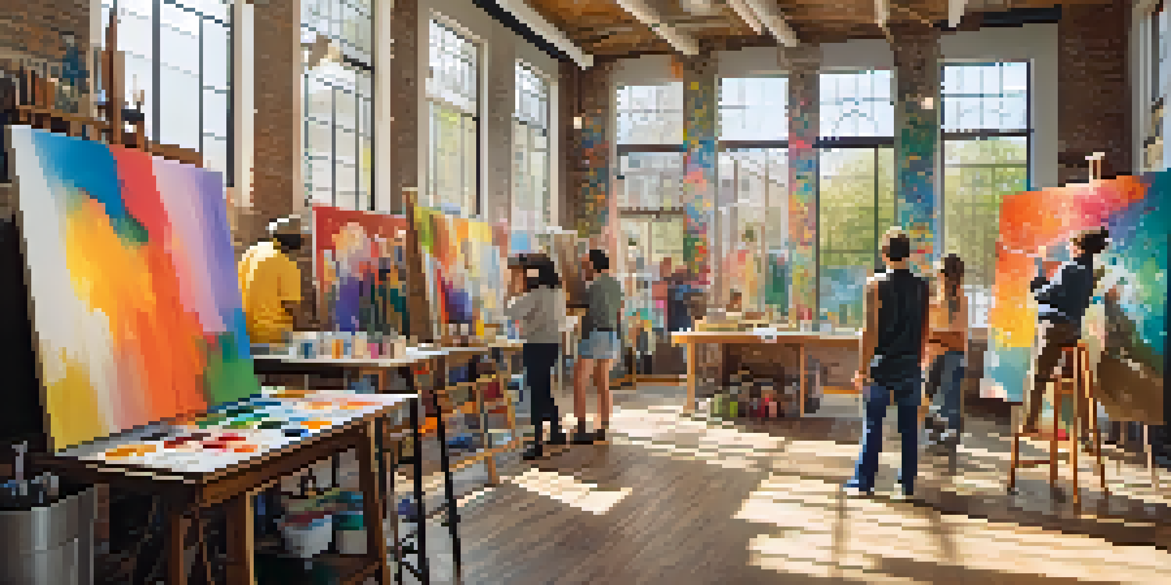 A lively art studio where diverse artists, including those with disabilities, collaborate on a colorful mural, with sunlight illuminating the space.