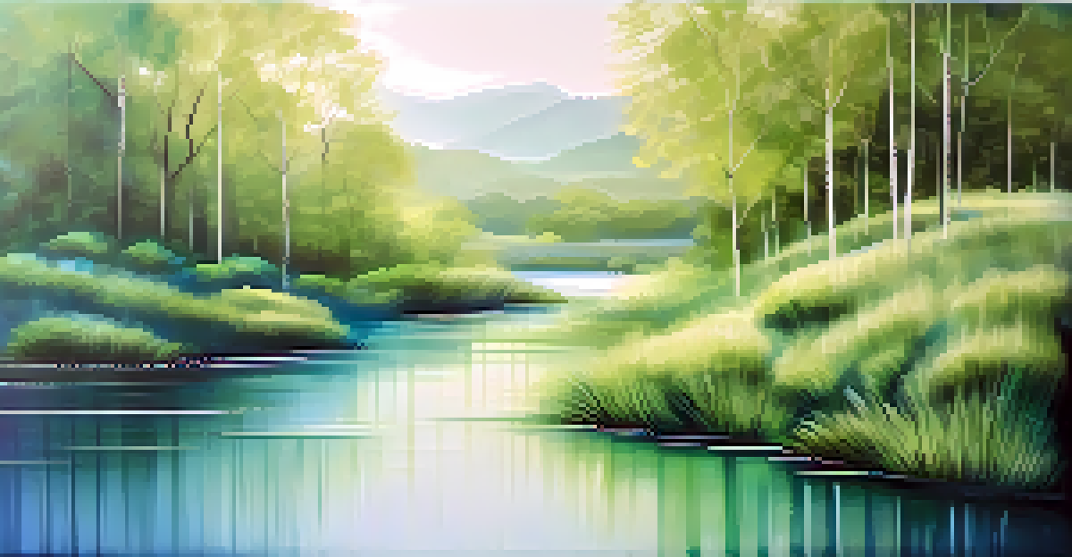 An abstract landscape with soft green and blue flowing lines, conveying tranquility through layered textures and gentle light.