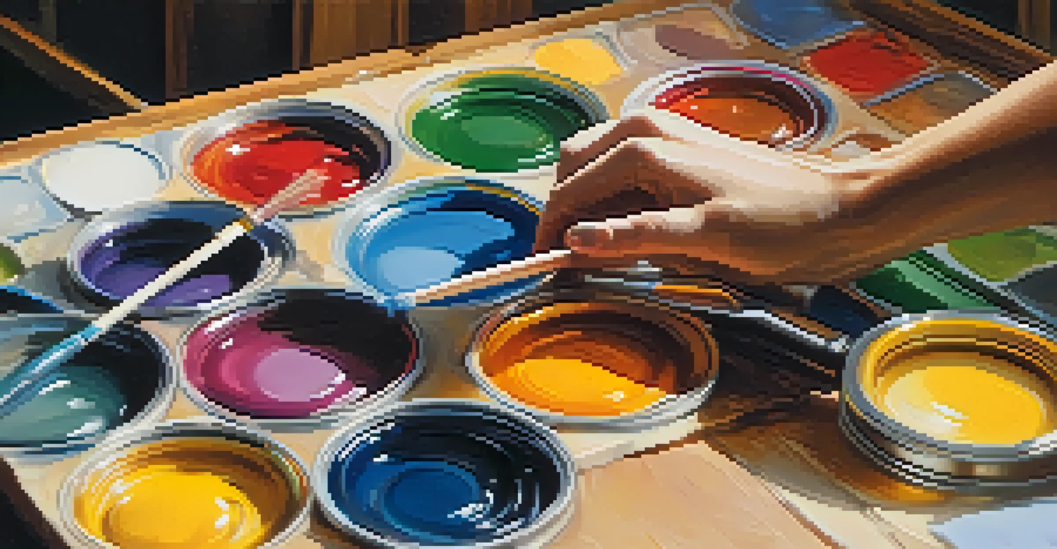 An artist's hands mixing colorful paints on a palette, with a blurred background.