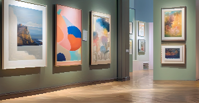 A colorful art gallery with diverse artworks, featuring women and non-binary artists, and visitors admiring the art in a warmly lit setting.