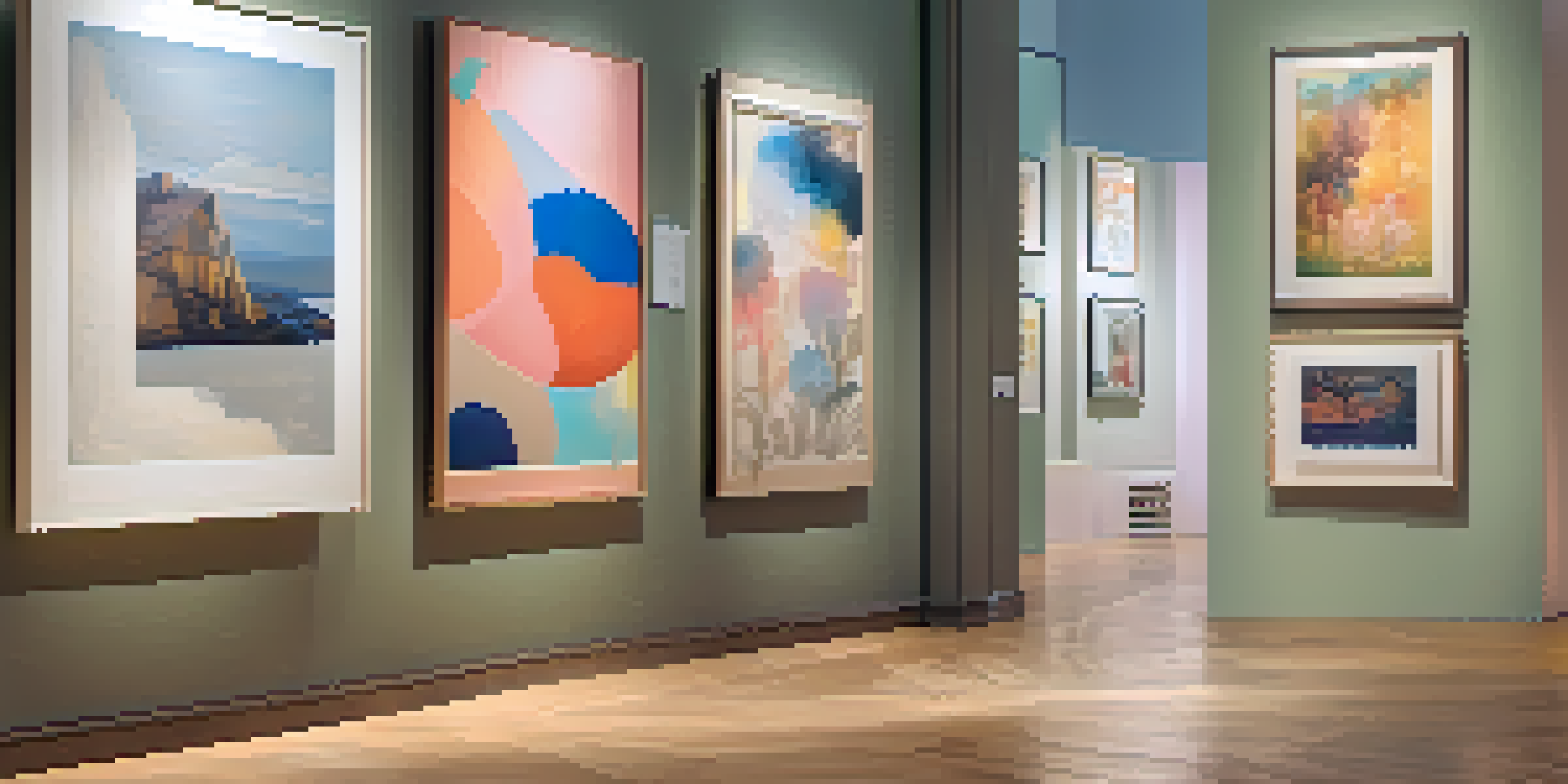A colorful art gallery with diverse artworks, featuring women and non-binary artists, and visitors admiring the art in a warmly lit setting.